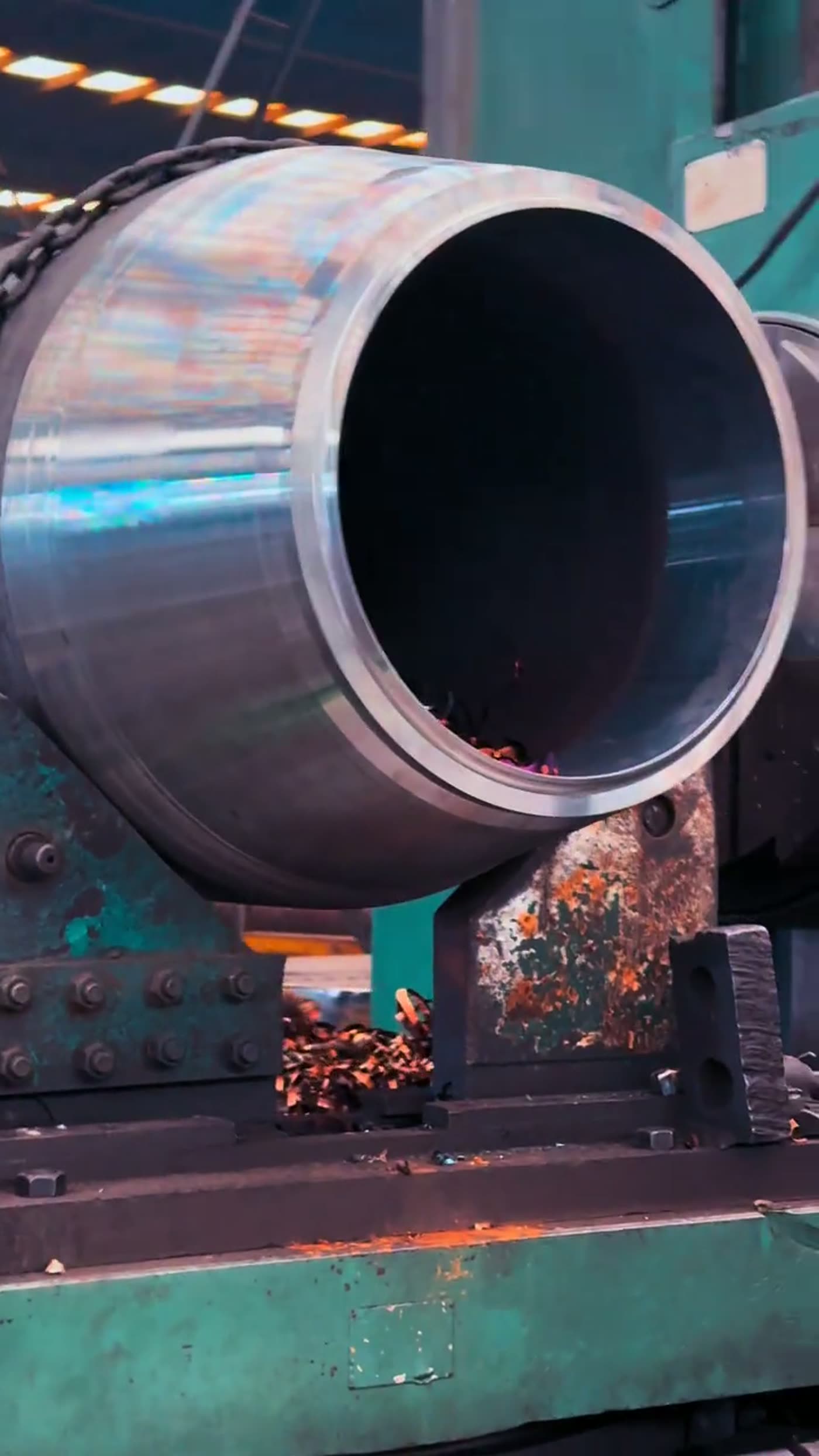 Heavy-wall pipe end being machined on the production line