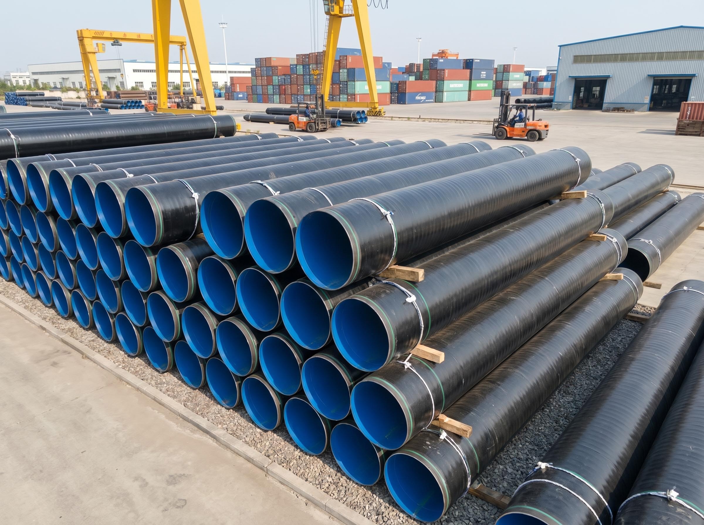 Heavy-wall seamless pipe bundles with capped ends ready for dispatch