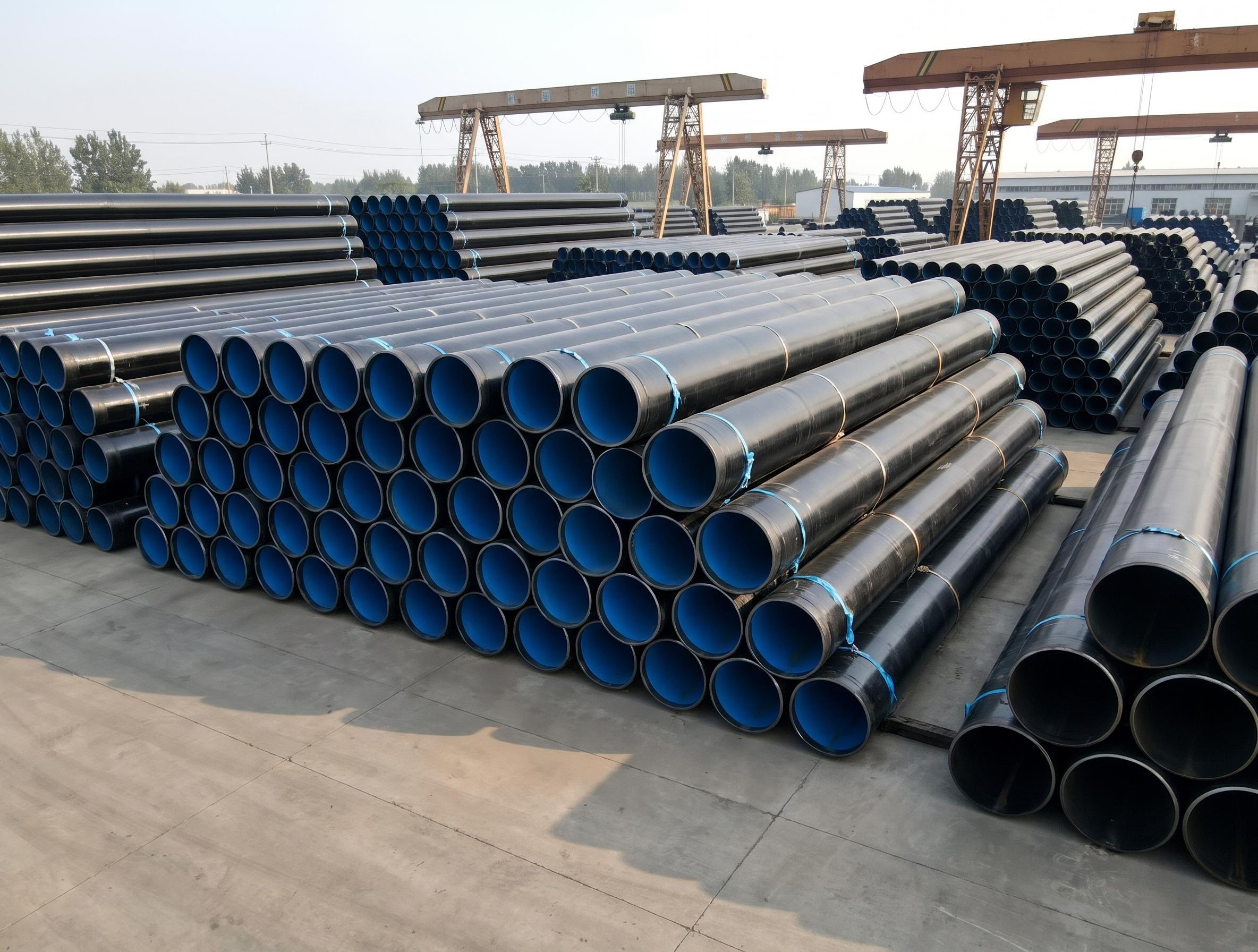 Stacks of alloy seamless pipe with protective end caps in the storage yard