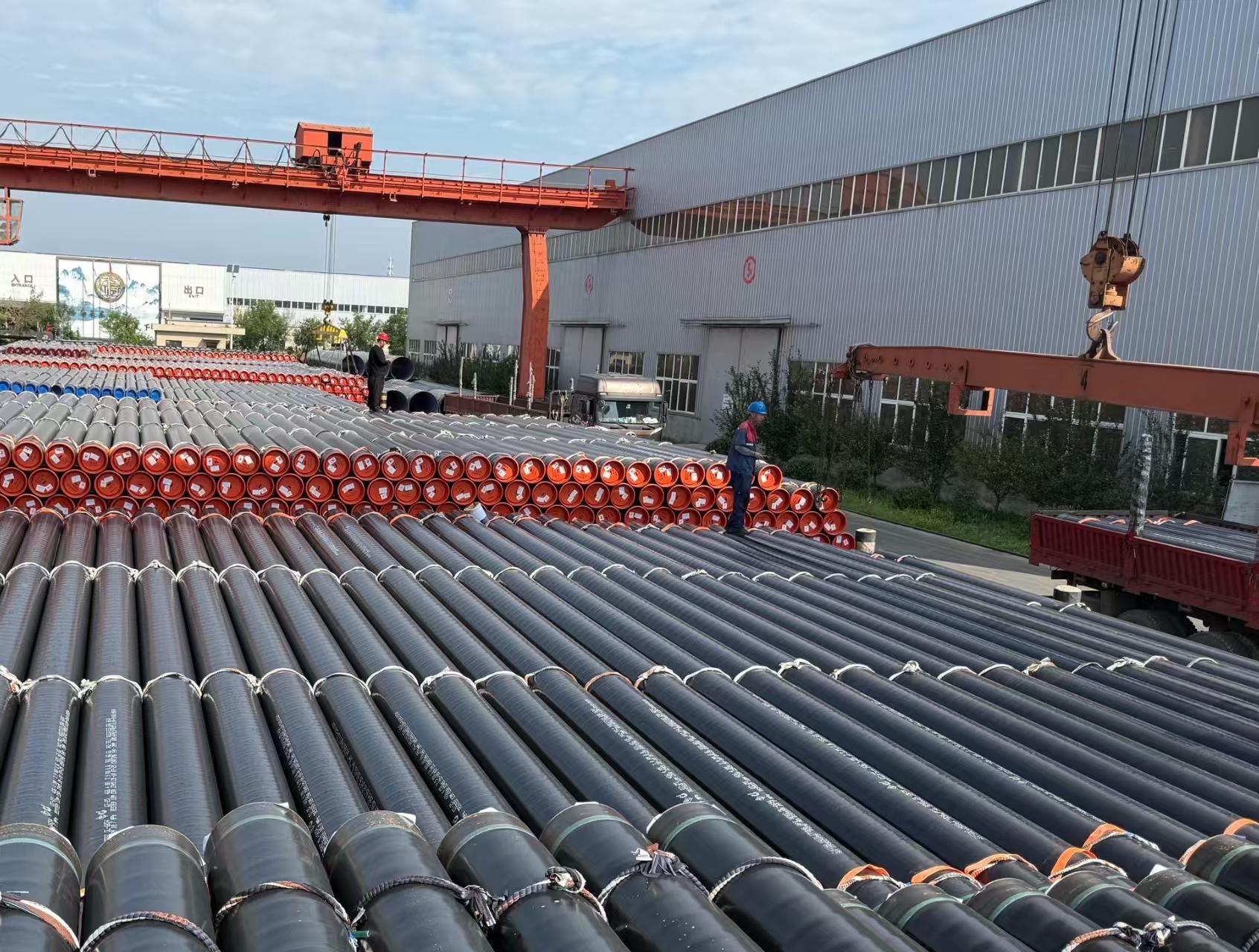 Large-diameter pipe storage yard with crane